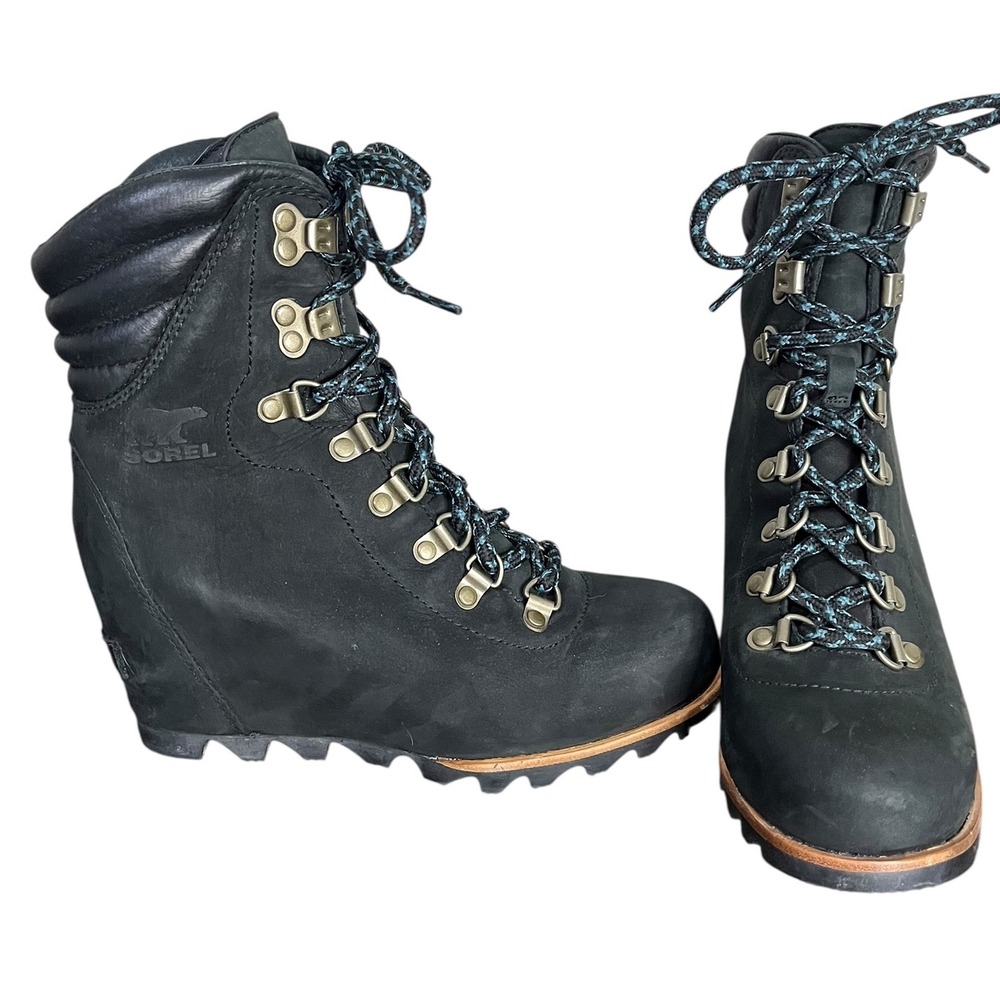 Sorel Conquest Waterproof Wedge Boots Leather Women's Black - DarkGray Size 7 - Picture 5 of 9